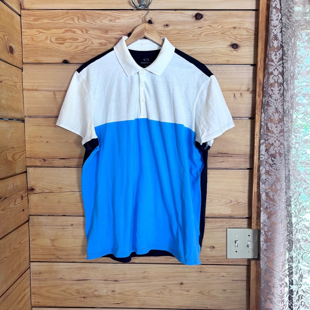 Armani Exchange Polo Shirt Mens Double Extra Large Blue Colorblock Asymmetric AX